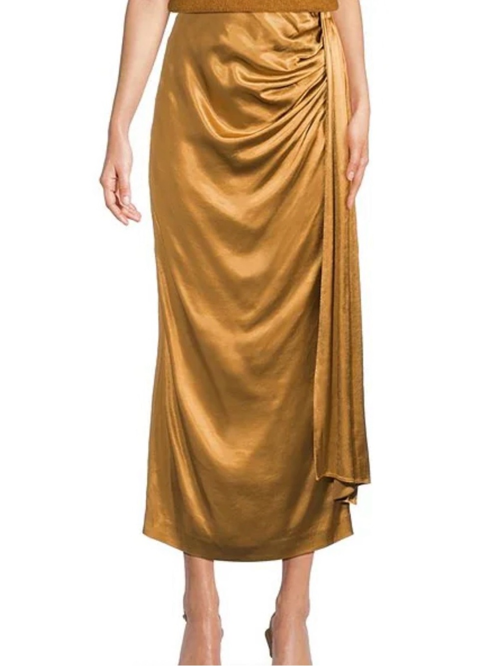 Muse by Marchesa Gold Satin Draped Midi Skirt NWT Size 12